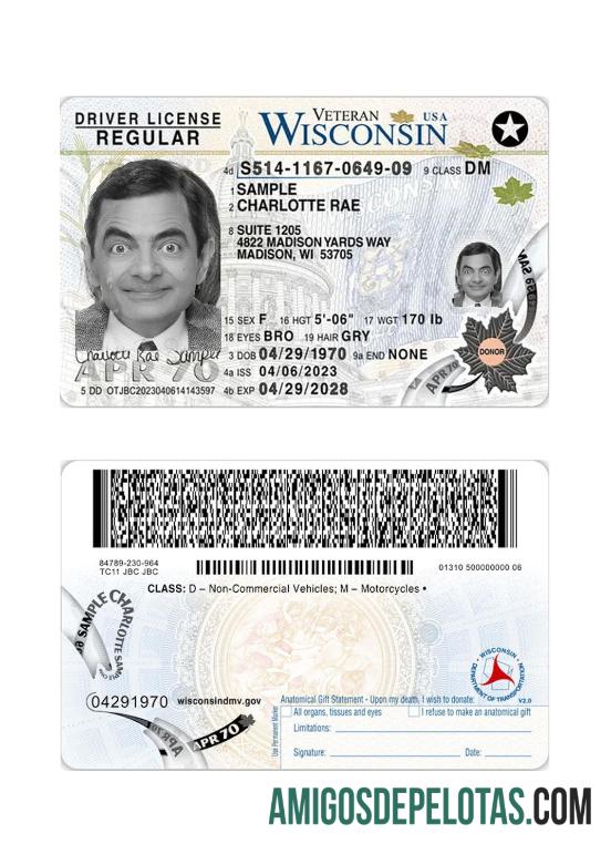 Carteira de motorista dos EUA Wisconsin 2023 presente exemplo real